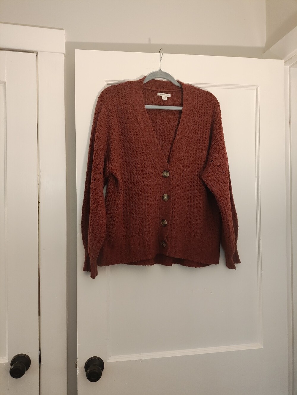 American Eagle Women’s S Deep Rust Textured Knit Button Front Cardigan